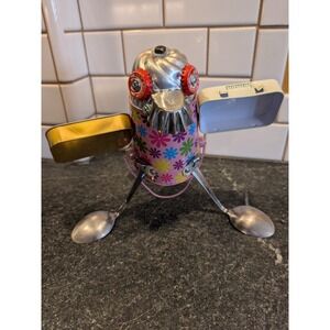 Handmade Recycled Metal Robot Bird Sculpture Pink Floral Tin Spoon Art 8.5"